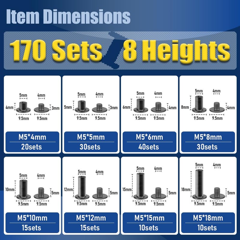 ArcNascency Store 170 Sets Gunmetal Black Chicago Screws Leather Rivets Kit, 8 Sizes (M5*4,5,6,8,10,12,15,18) & 3 Screw Lengths (M4*3,4,5) for Belts, Bookbinding, DIY Leather (Gunmetal Black) - Image 2